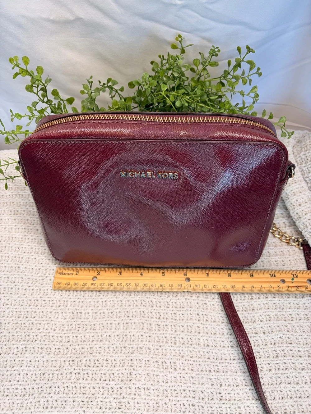 Michael Kors Wine Leather Crossbody with Gold-Tone Chain Strap